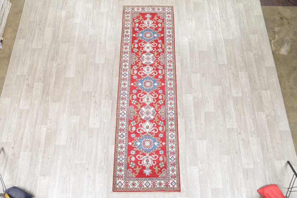 Pakistani Traditional Hand Made Wool Kazak Oriental Runner Rug, Red, 9'7"X2'9"
