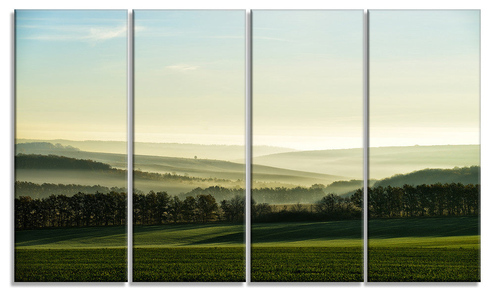 Superb Green Hills in the Fog, Landscape Canvas Art Print, 48"x28", 4 Panels