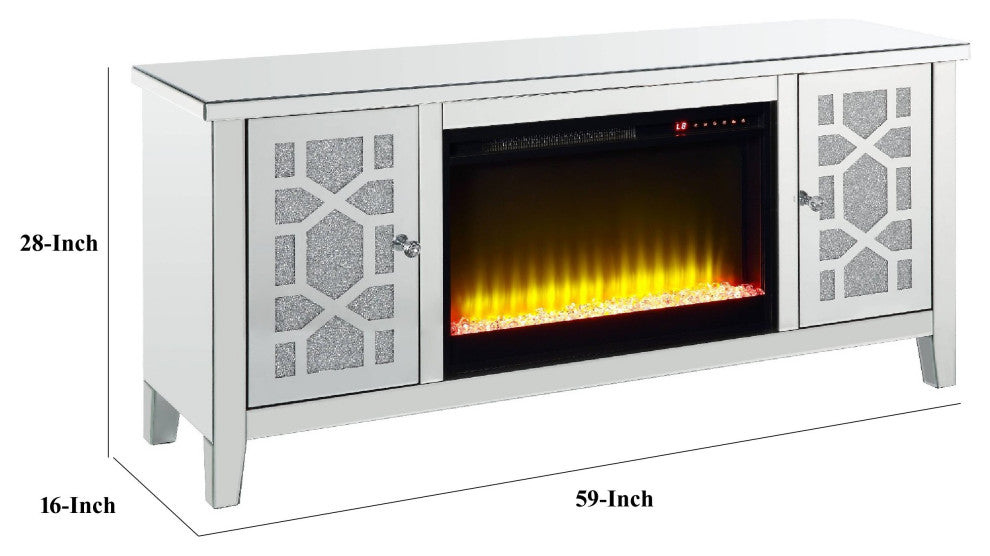 Benzara BM273255 Mirrored TV Stand, Timer Fireplace, Acrylic Diamond, Silver