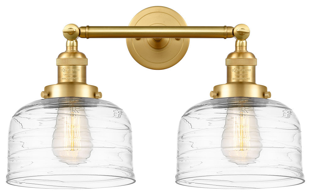 Large Bell 2 Light Bath Vanity Light, Satin Gold, Clear Deco Swirl
