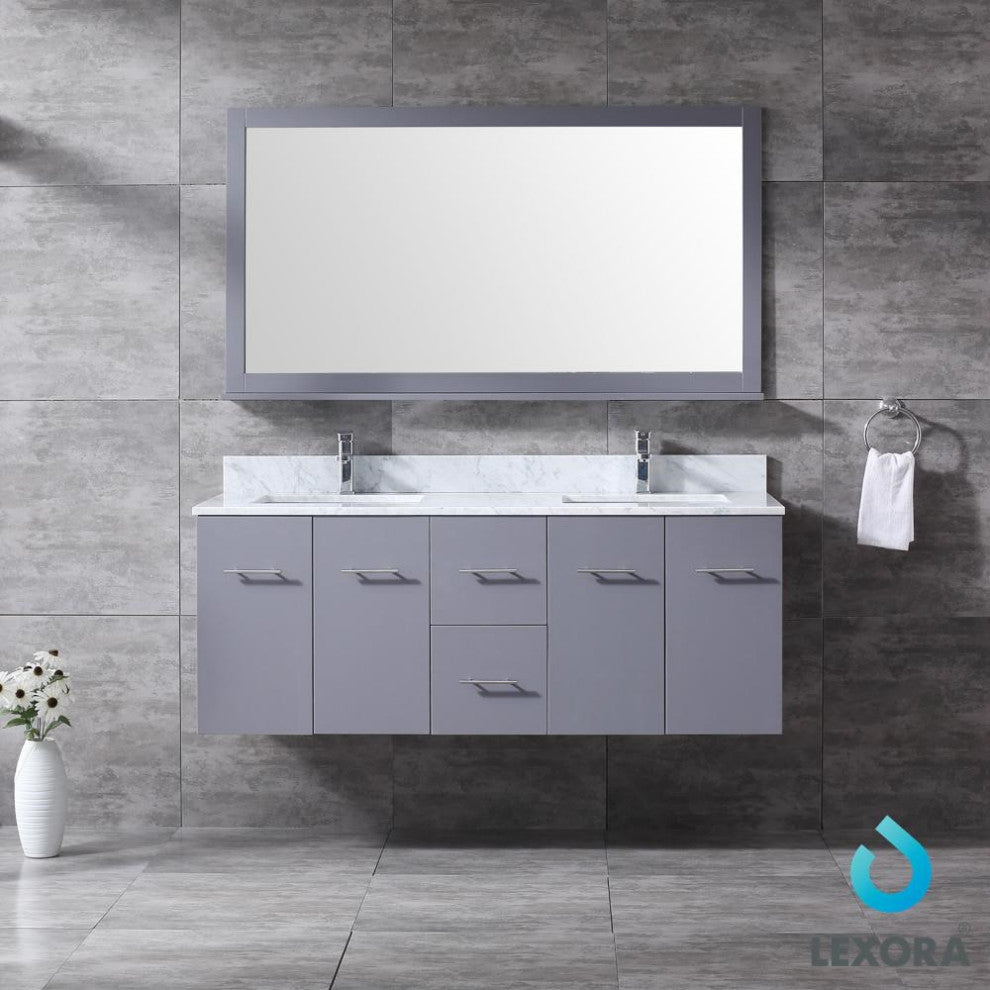 Amelie 60" Dark Grey Double Vanity Carrara Marble Top Sinks and 60" Wall Mirror
