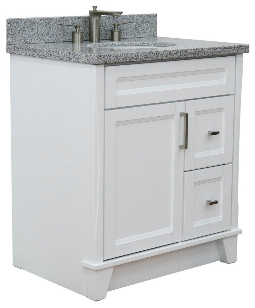 31" Single Sink Vanity, White Finish With Gray Granite With Oval Sink