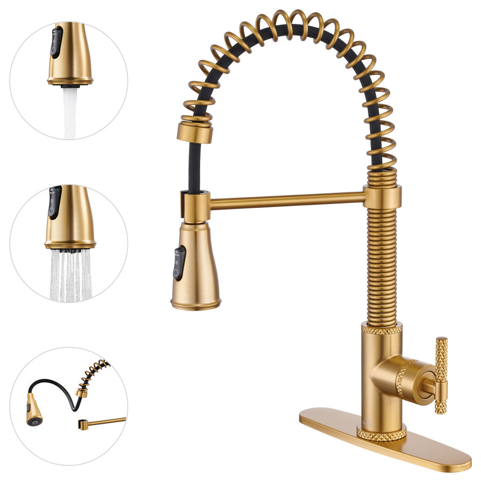 Single Handle Kitchen Faucet Pull-Down Sprayer, 360 Swivel, Three Functions, Brushed Gold