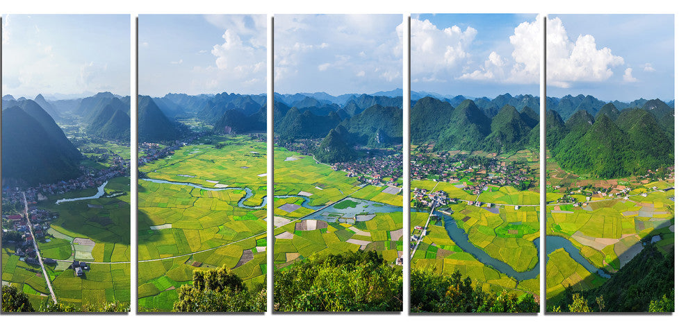 "Rice Field Valley Vietnam Panorama" Landscape Wall Art, 5 Panels, 60"x28"