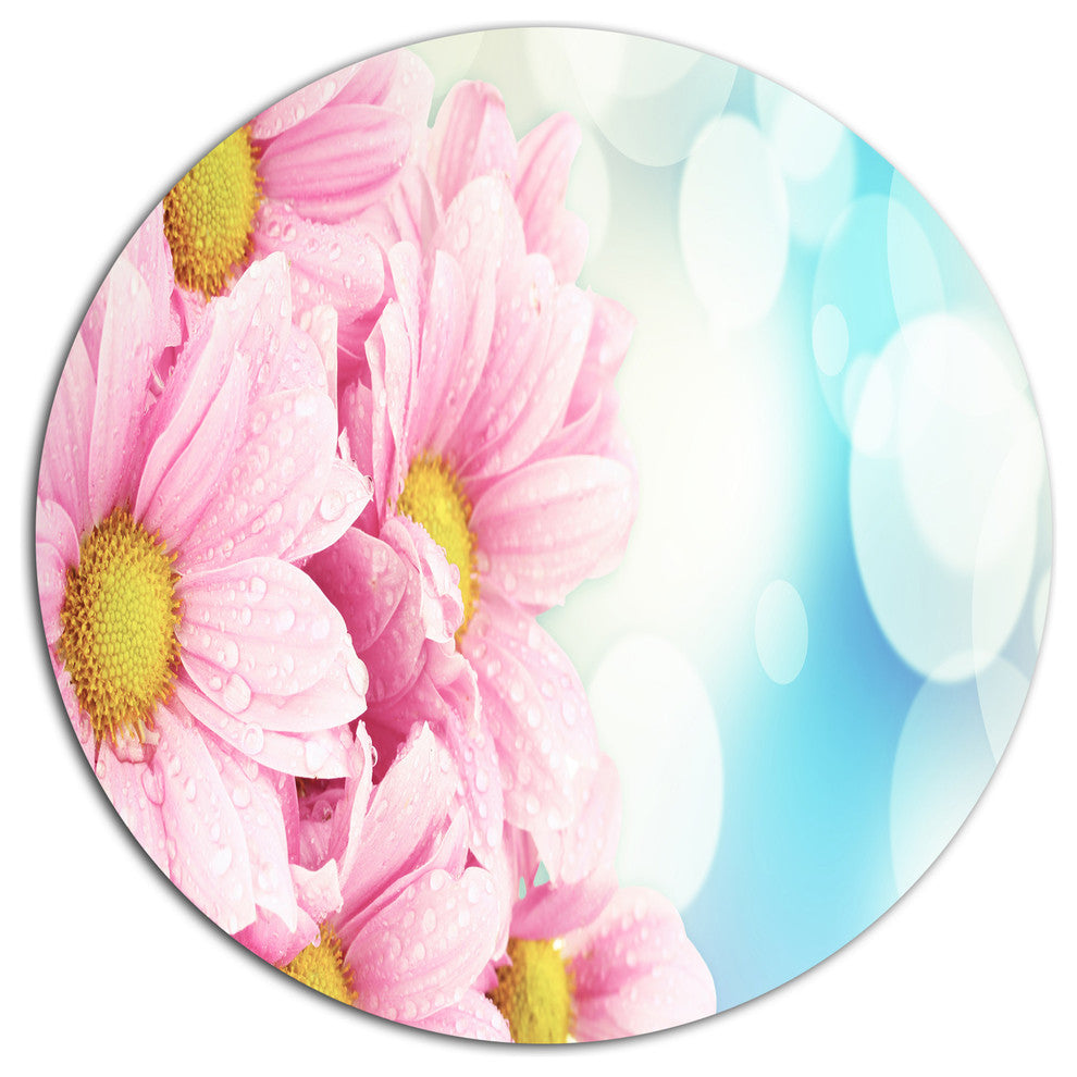 Pink Flowers Bouquet On Blue, Floral Round Wall Art, 11"