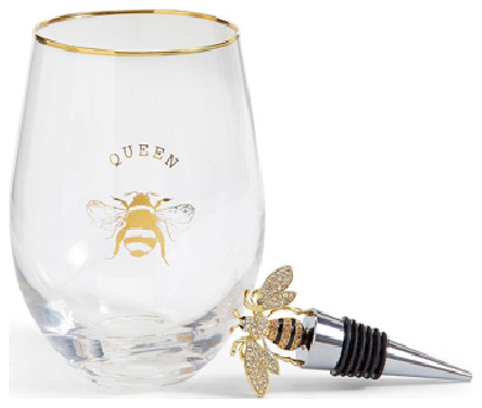 Two's Company Queen Bee Stemless Wine Glass w/ Jeweled Bee Wine Stopper