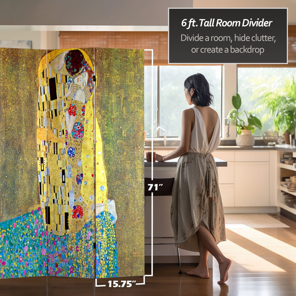 6' Tall Double Sided Works of Klimt Room Divider, The Kiss/Tree of Life