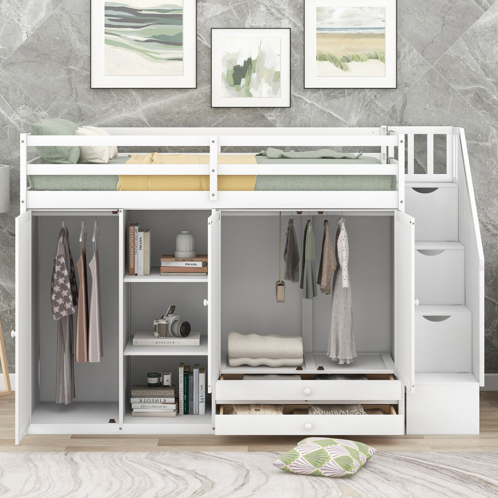Gewnee Functional Loft Bed with 3 Shelves, 2 Wardrobes and 2 Drawers in White