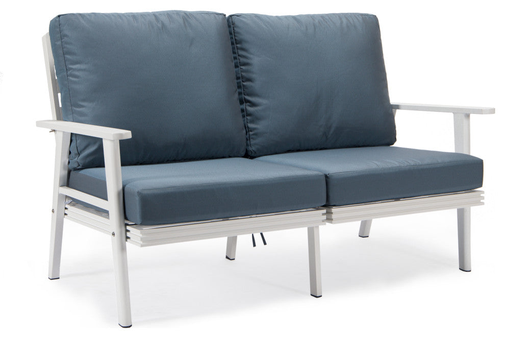Leisuremod Walbrooke Patio Loveseat With White Aluminum Frame, Navy Blue
