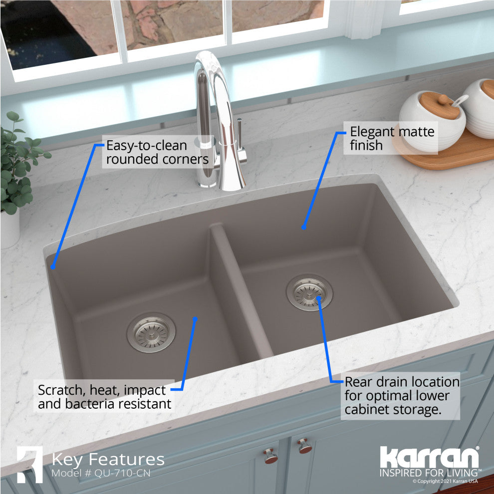 Karran Undermount Quartz 32" 50/50 Double Bowl Kitchen Sink Kit, Concrete