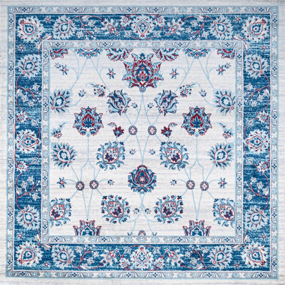 Modern Persian Moroccan Blue/Ivory/Red 6' Square Area Rug