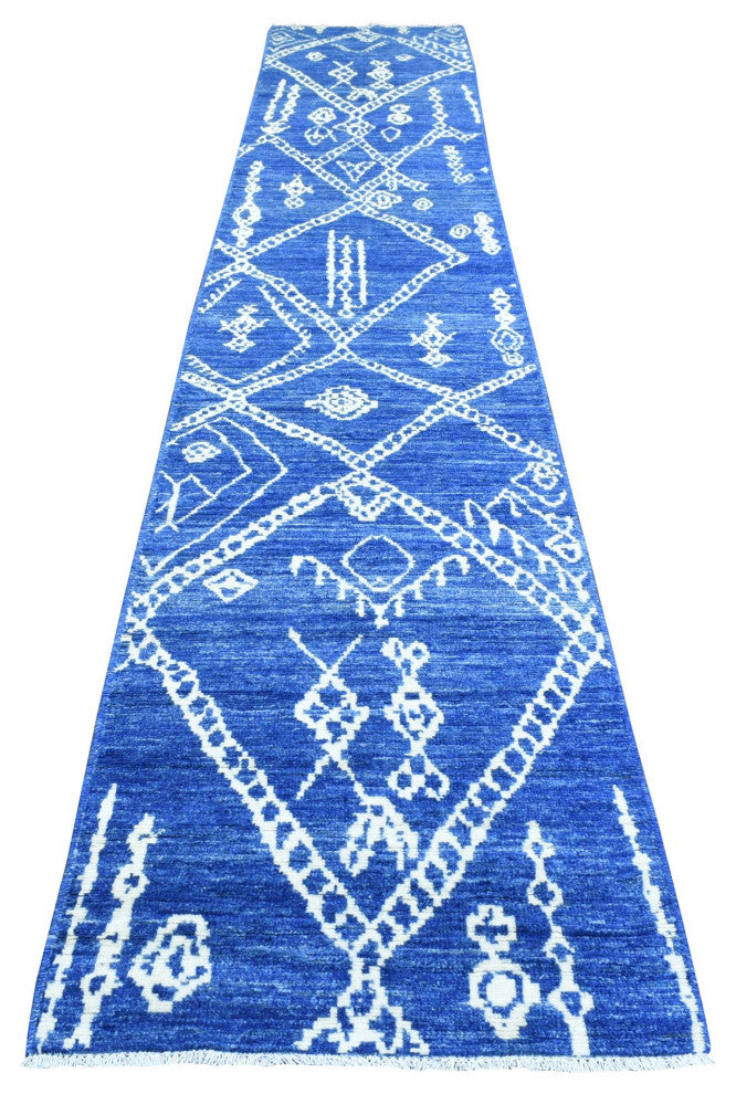 Blue, Wool Hand Knotted, Boujaad Moroccan Berber Design Runner Rug, 2'8"x15'4"