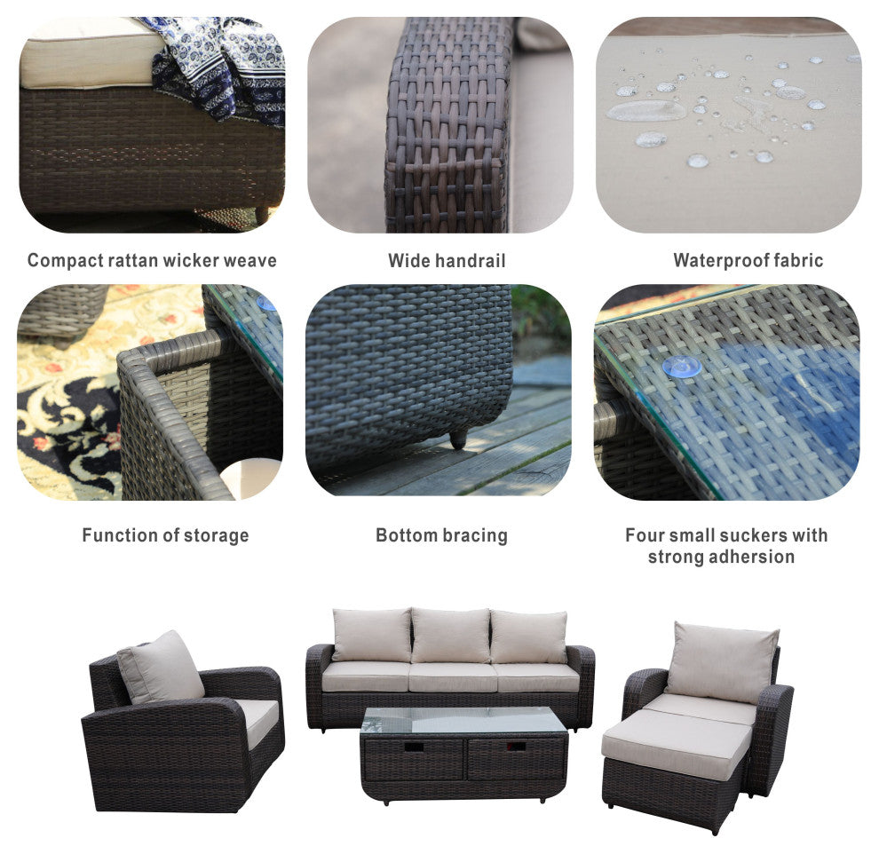 5-Piece Patio Wicker Cozy Conversation Seating Set, Grey Wicker