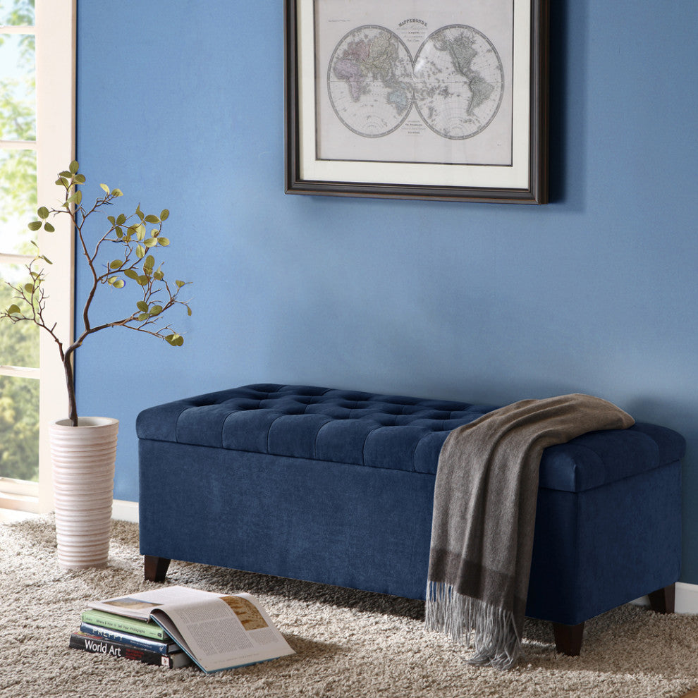 Madison Park Shandra Upholstered Soft Close Storage Bench, Navy Blue