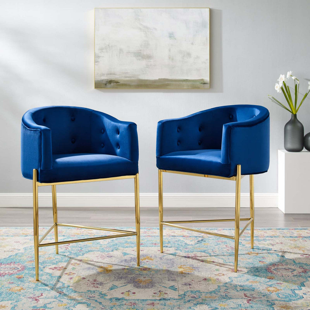 Tufted Counter Stool Chair, Set of 2, Velvet, Metal, Blue Navy, Modern, Bar Pub