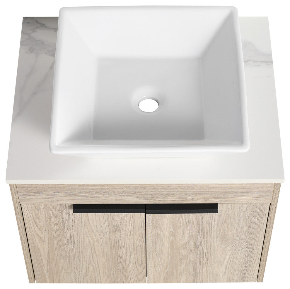 Wall-Mounted Bath Vanity, White Oak, White Ceramic Vessel Sink