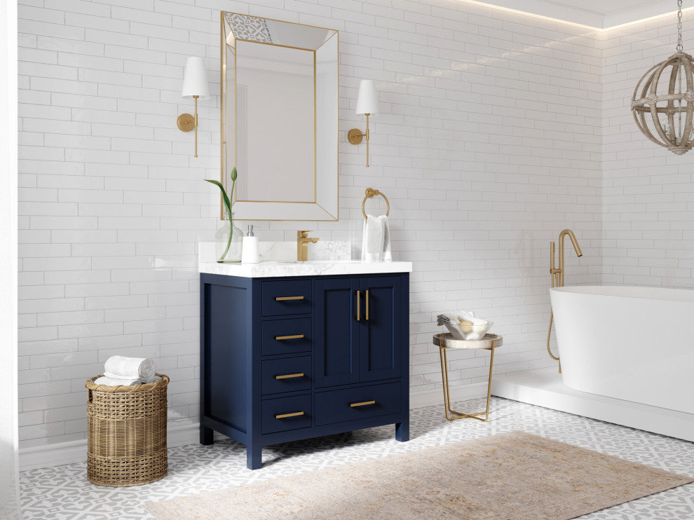 Malibu 36 Right Offset Bath Vanity in Navy Blue 2" Calacatta Laza