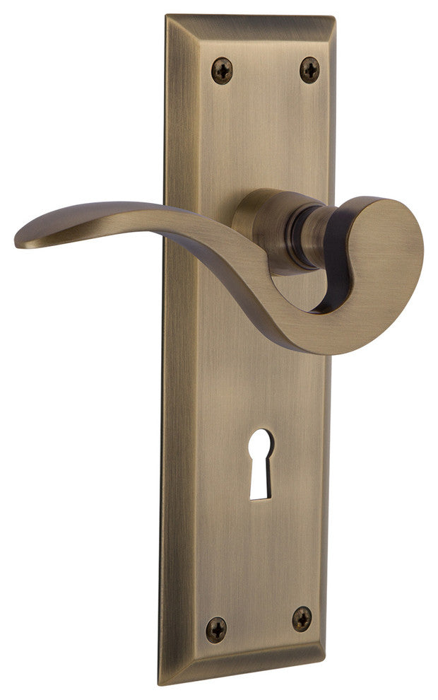 New York Plate With Keyhole Manor Lever, Antique Brass, Privacy, Non-Handed