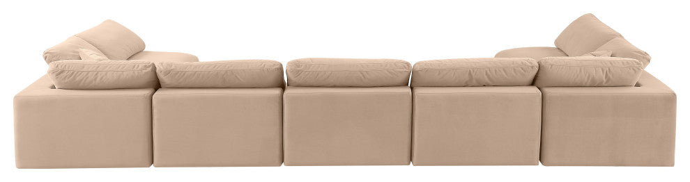 Comfy Upholstered U-Shaped Modular Sectional, Beige, 7-Piece: 5 Armless Chair, 2 Corner Chair, Velvet