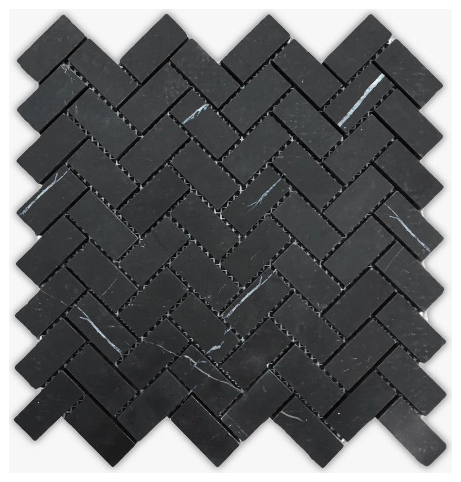 Neromarquina Honed 1x2 Herringbone Marble Mosaic