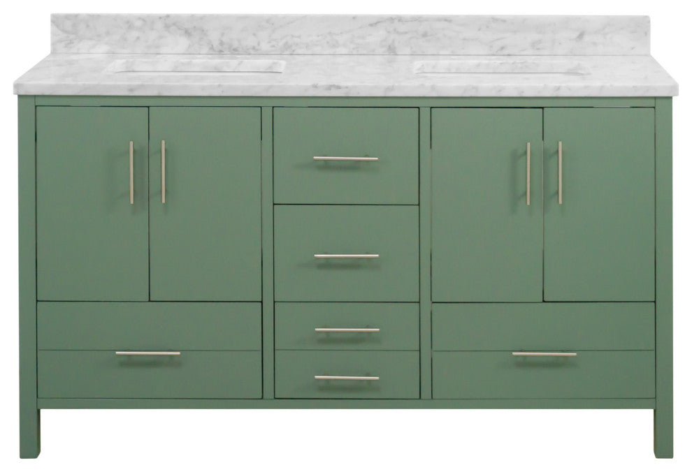 California 60" Bathroom Vanity, Sage Green, Carrara Marble, Double