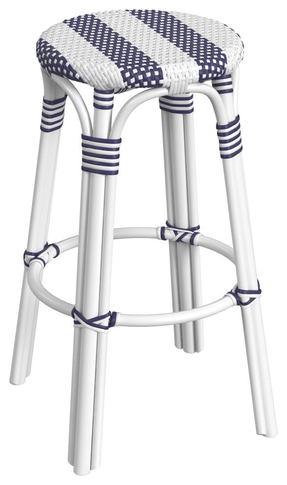Tobias Round Rattan 30" Bar Stool, White and Navy Stripe