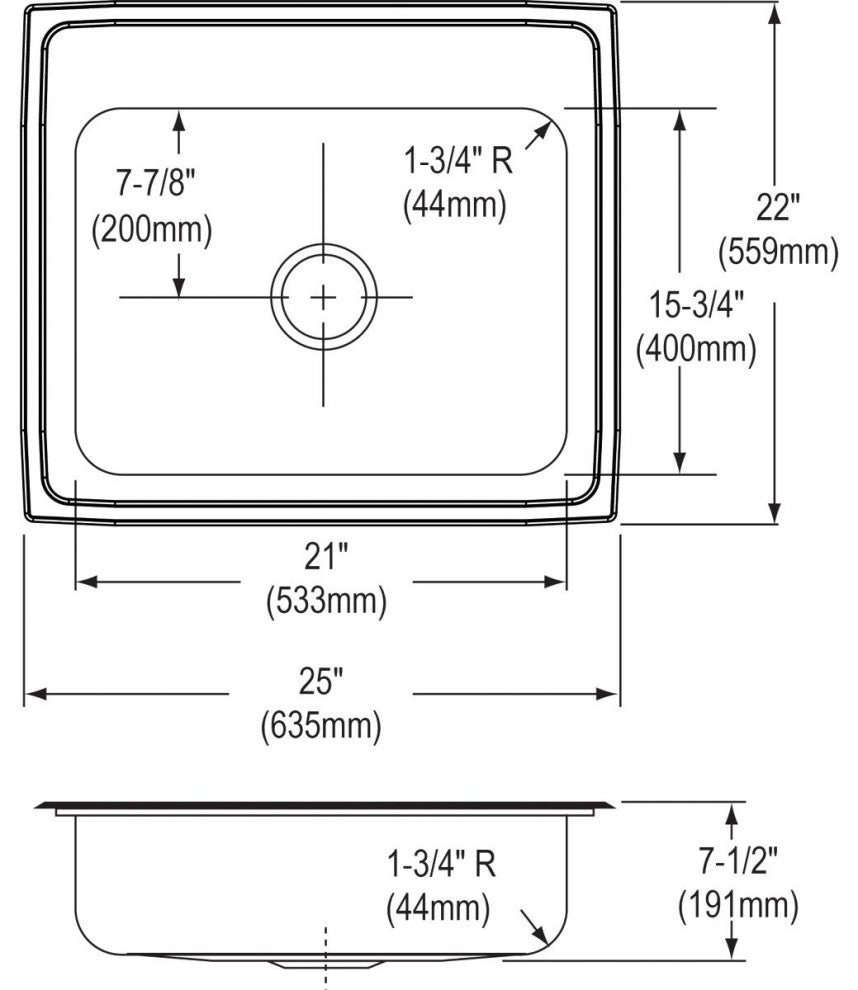 PSR25223 Celebrity Stainless Steel 25" x 22" x 7-1/2", Drop-in Sink