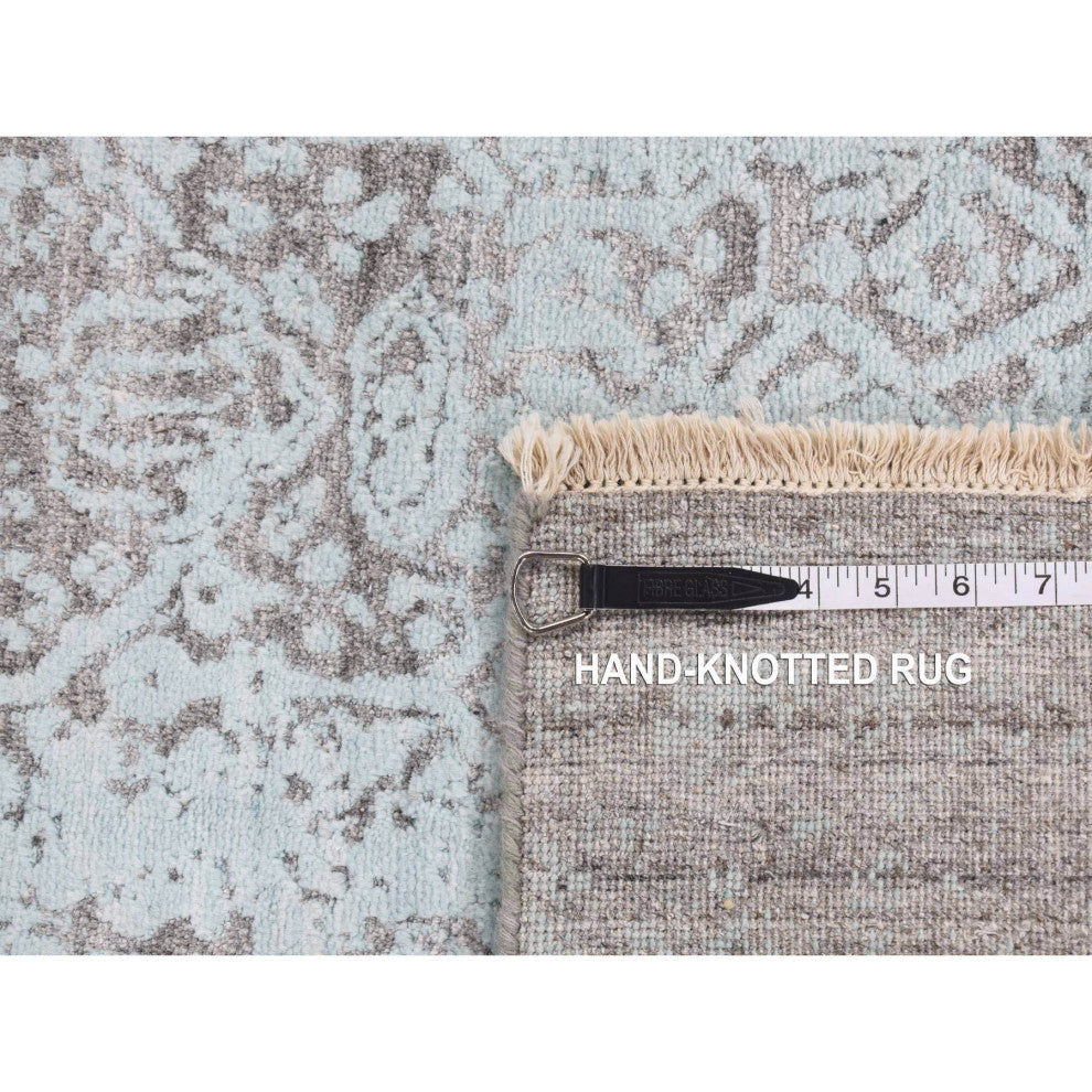 Green Erased Persian Design Hand Knotted Wool and Silk Runner Rug 2'6"x10'