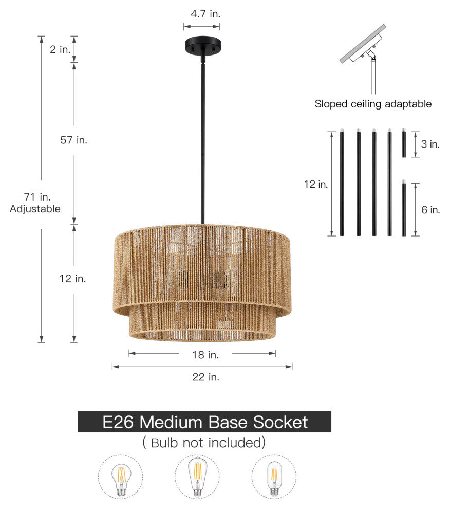 22"W 4-Light Rattan Tiered Drum Chandelier Light With Black Canopy, Natural