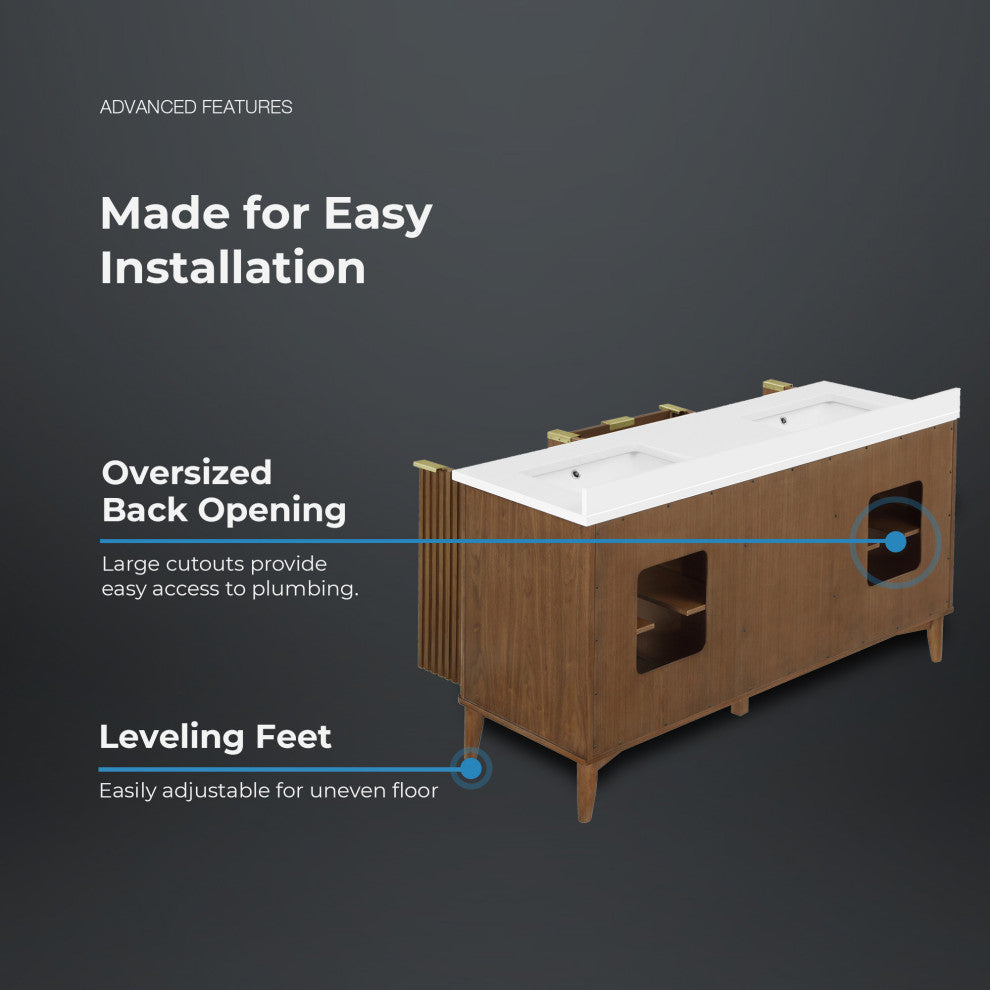 OVE Decors Gabi Single Sink Bathroom Vanity, Warm Walnut, 60", Double Sink