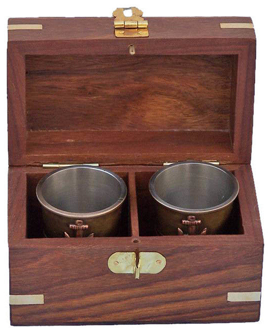 Antique Brass Anchor Shot Glasses With Rosewood Box 4'''', Set of 2, Brand New