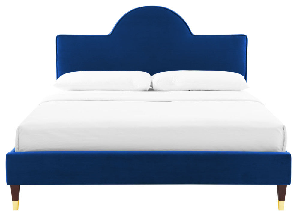 Platform Bed Frame, King Size, Blue Navy, Velvet, Modern, Bedroom Guest Suite