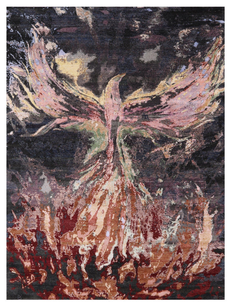 7' 10" X 10' 3" Hand Knotted Phoenix Design Wool and Silk Rug Q9101