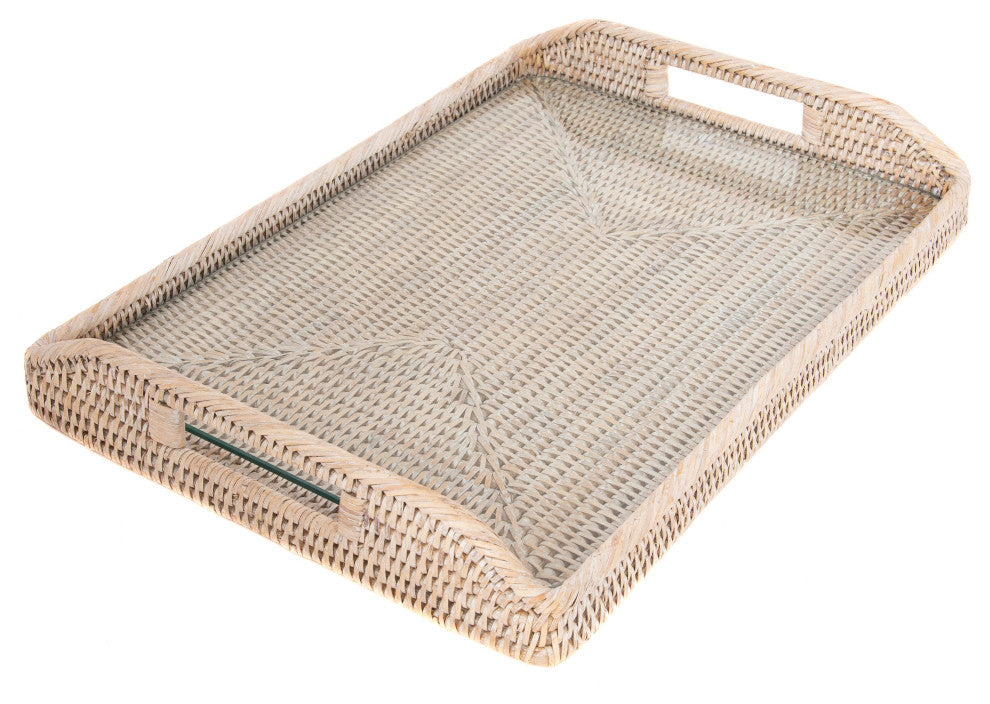Rectangular Tray With Glass Insert, White Wash, 14"x10"x1"