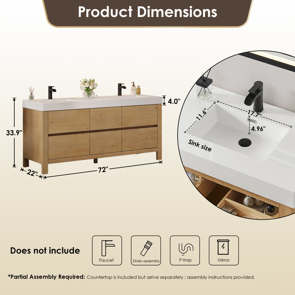 Cascadia Bathroom Vanity, Weathered Fir, 72", No Mirror