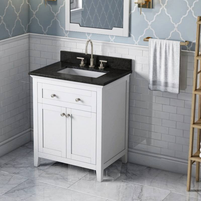 Chatham Traditional 30" White Single Sink Vanity, Black Granite Vanity Top