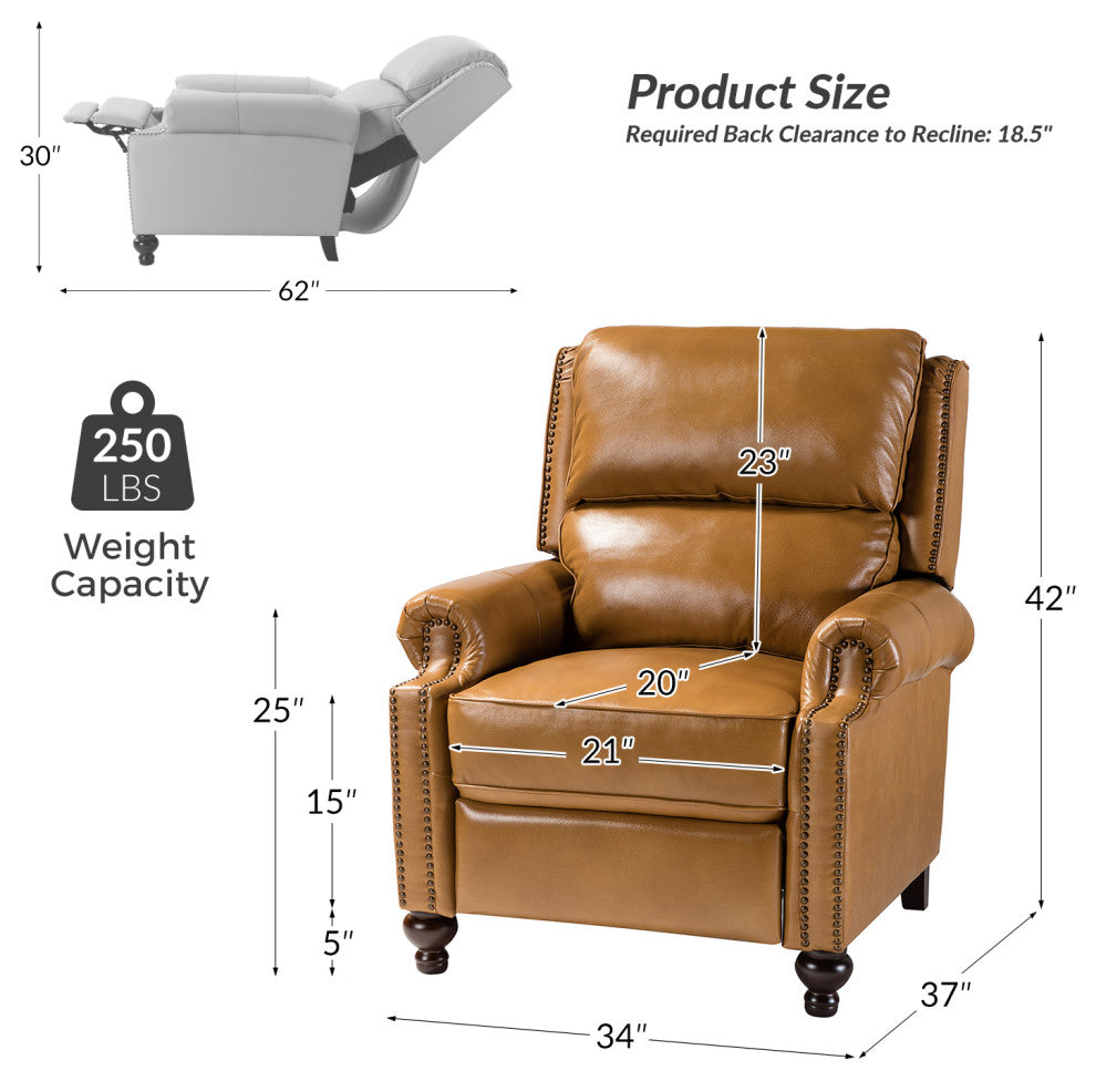 Genuine Leather Cigar Recliner With Nail Head Trim, Camel