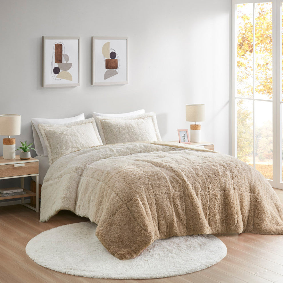Intelligent Design Brielle Ombre Shaggy Long Fur Comforter Mini Set, Natural