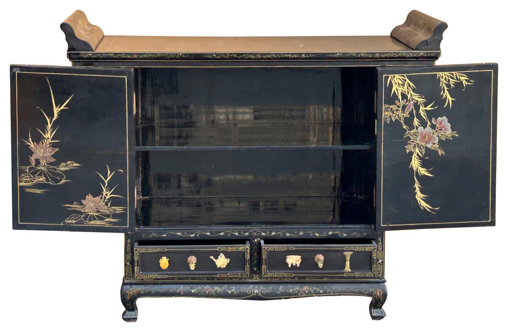 Vintage Chinoiseries Black Stone Inlay Graphic Credenza Storage Cabinet Hws4256