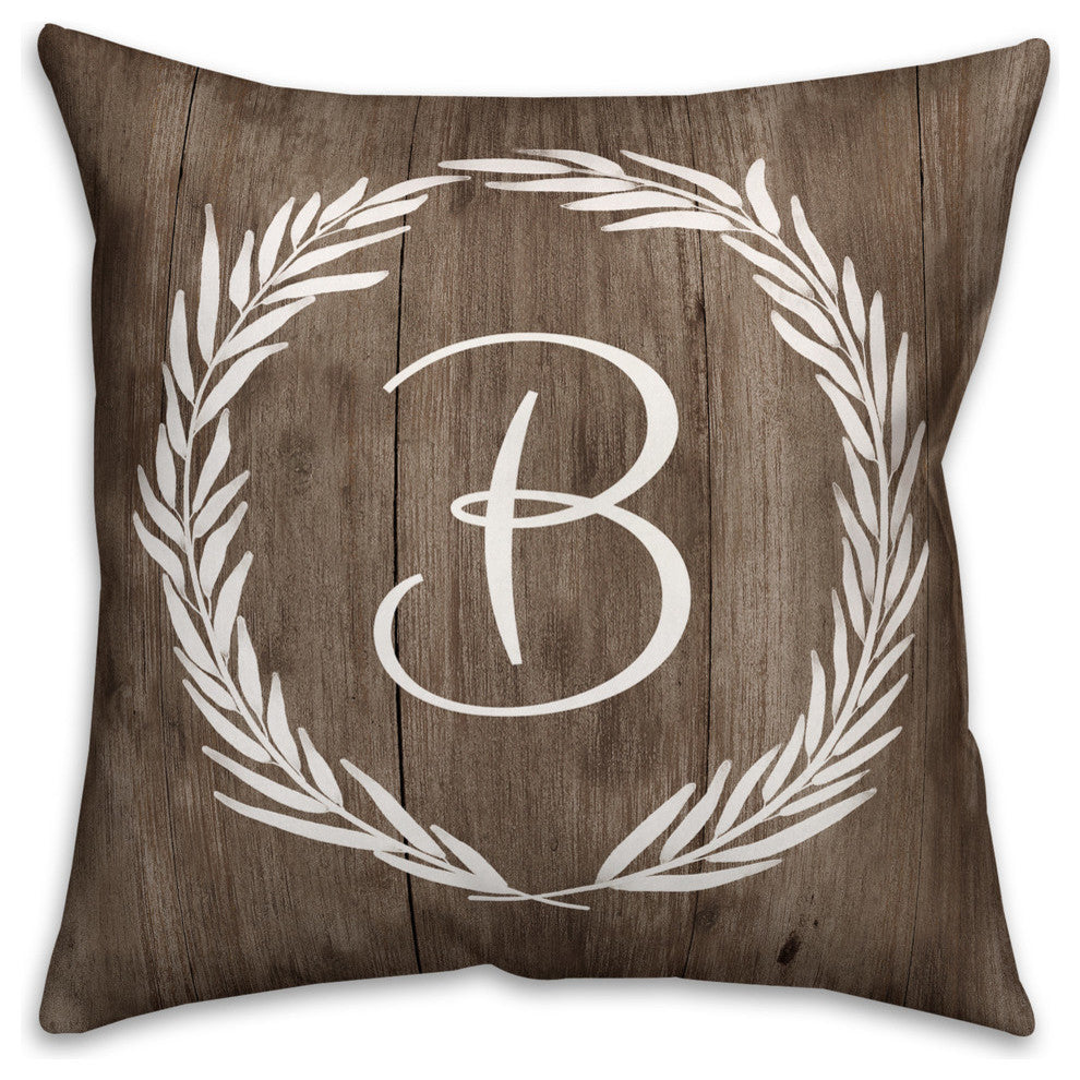 Faux Wood White Wreath - Monogram B 18x18 Spun Poly Pillow