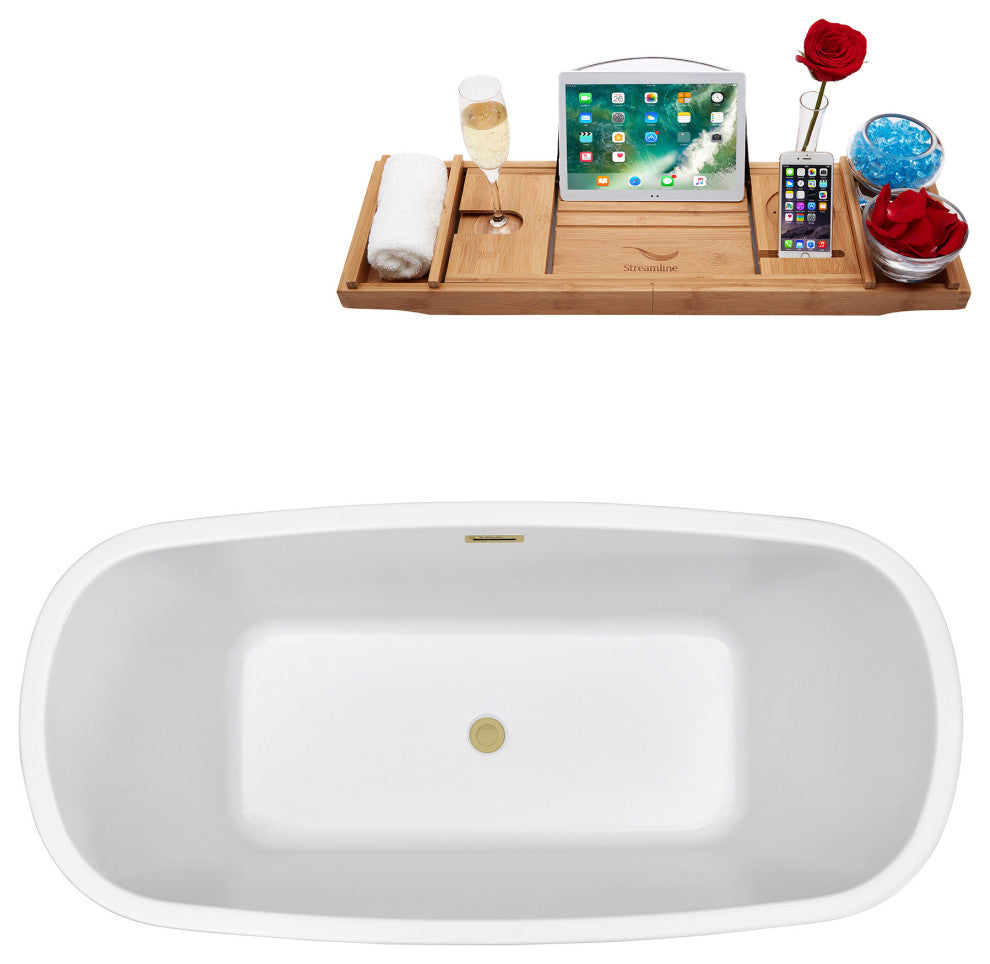 59" Streamline N780BBR Bathtub and Tray With Drain, Brushed Brass