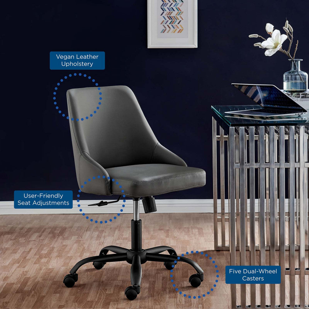 Computer Work Desk Swivel Chair, Faux Vegan Leather, Black Gray, Home Office
