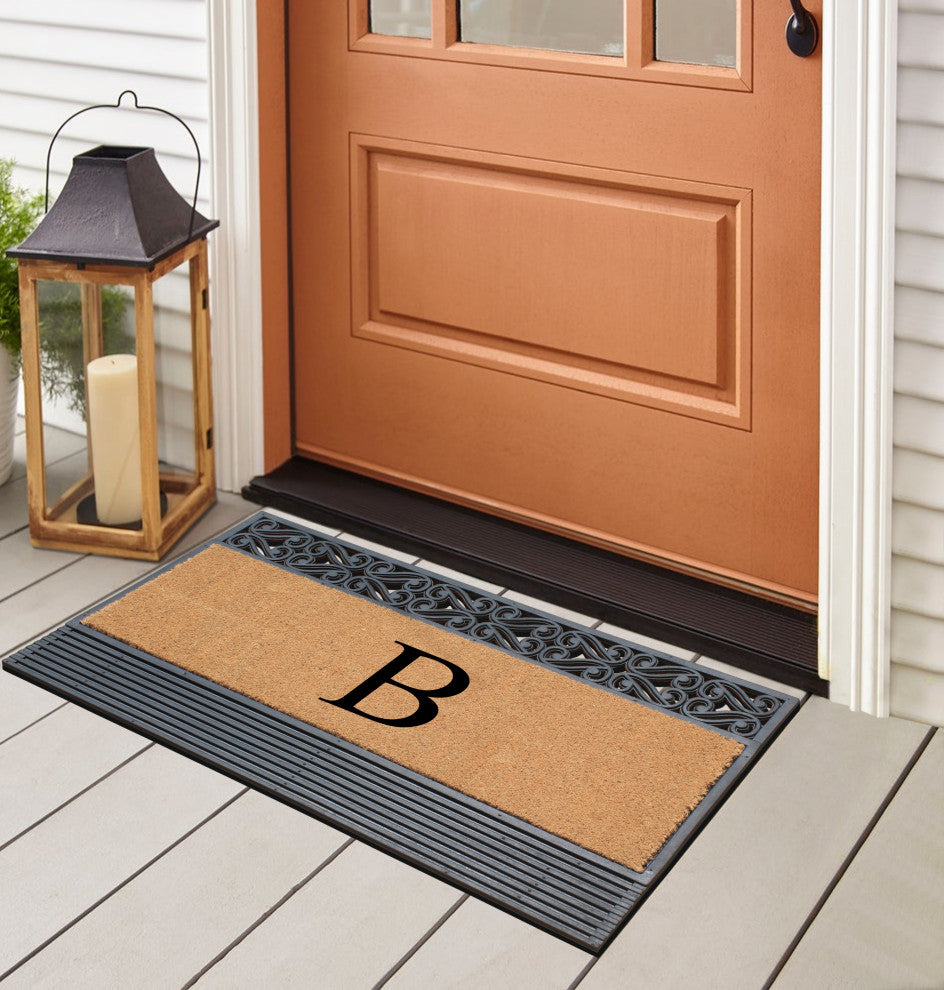Rosewood Black/Beige 24"x36" Rubber And Coir Monogrammed Doormat, B