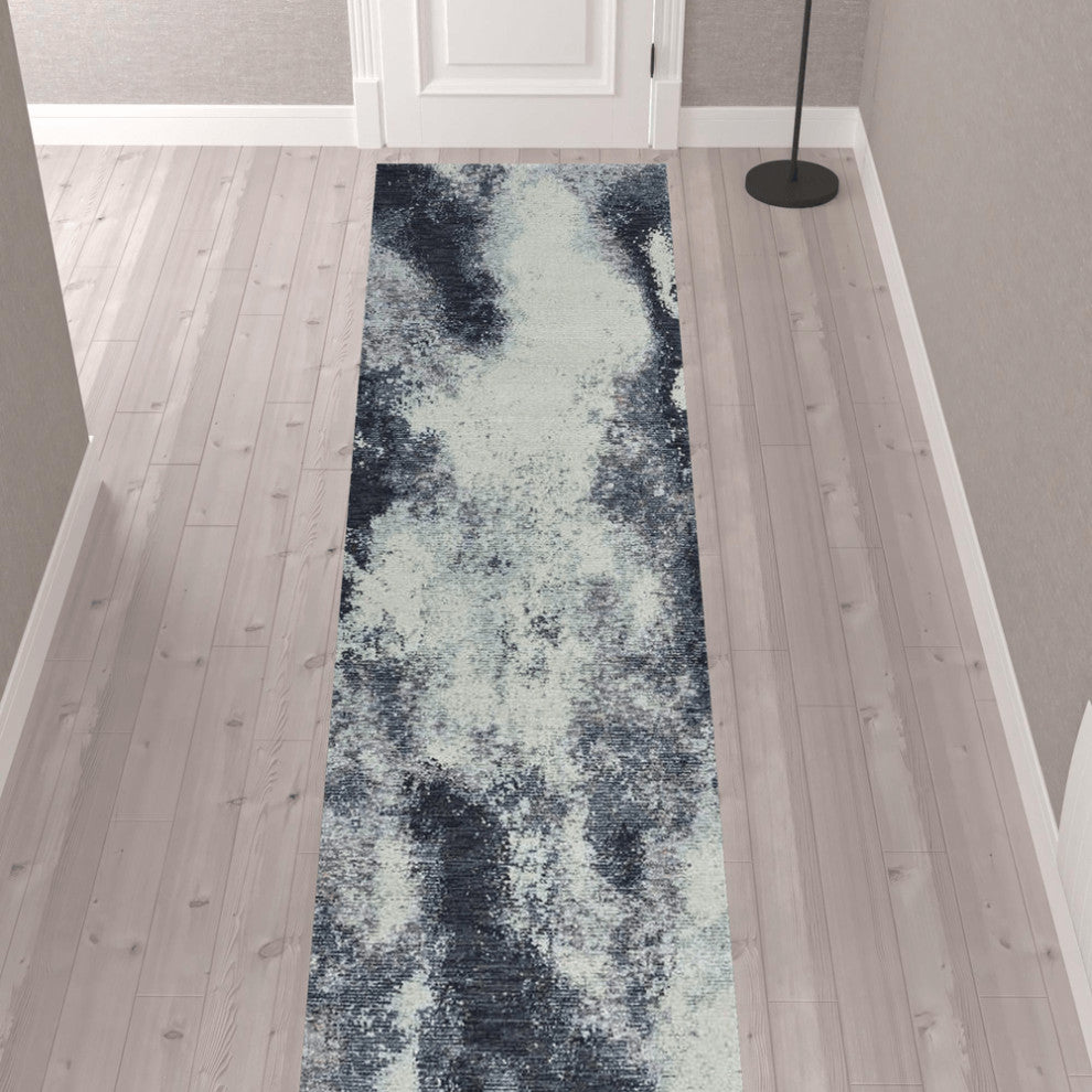 12' Runner Navy and Ivory Abstract Power Loom Runner Rug