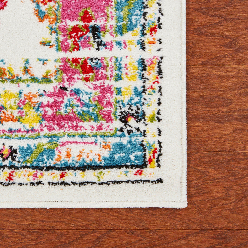 8" x 9" White and Red Bohemian Area Rug