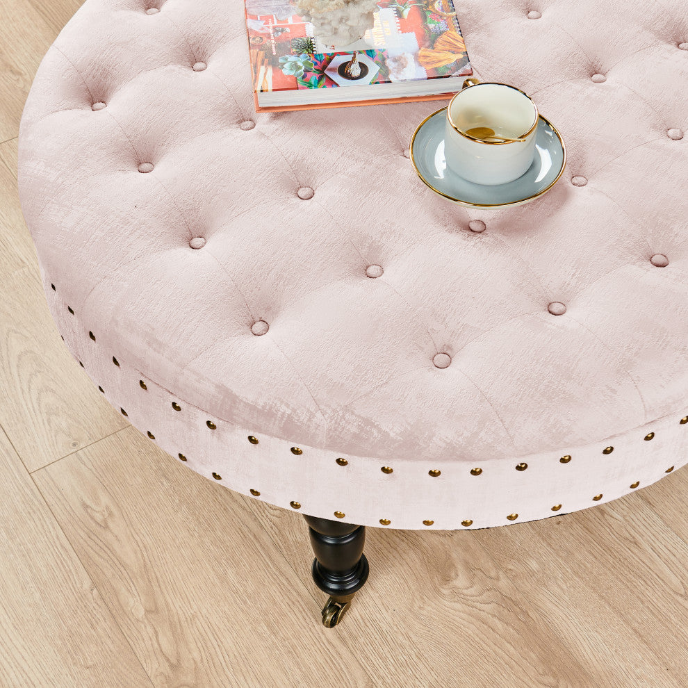 Textured Velvet Round Coffee Table, Softpink, 34''x34''x17''