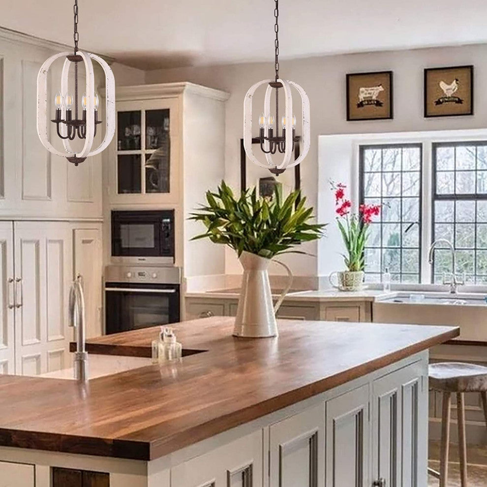 4 Light Wood Chandelier Mini Hanging Pendant Lighting With Retro White Finish
