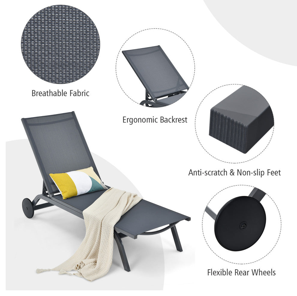 Goplus Outdoor Lounge Chair Chaise Reclining Aluminum Fabric Adjustable Gray