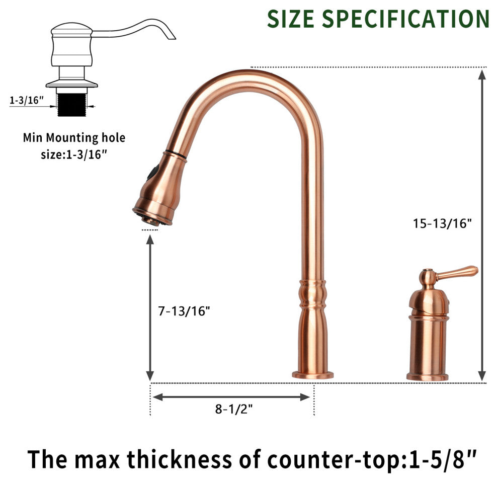Copper Pull Down Kitchen Faucet With in-Deck Handle and Soap Dispenser