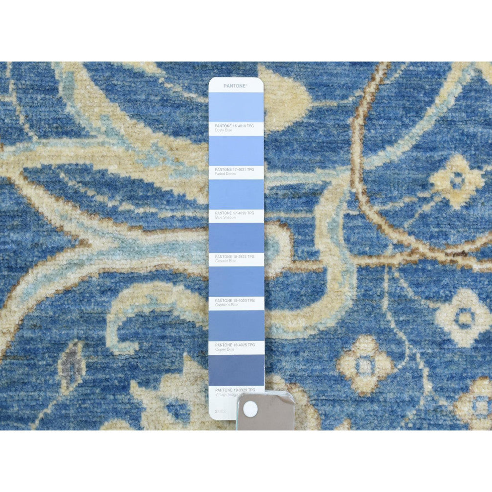 Sapphire Blue Fine Peshawar Soft Wool Hand Knotted Wide Runner Rug, 3'9"x13'3"